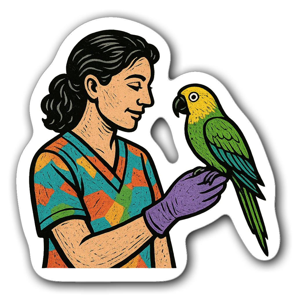 Vet tech examining a colorful parrot on gloved hand sticker
