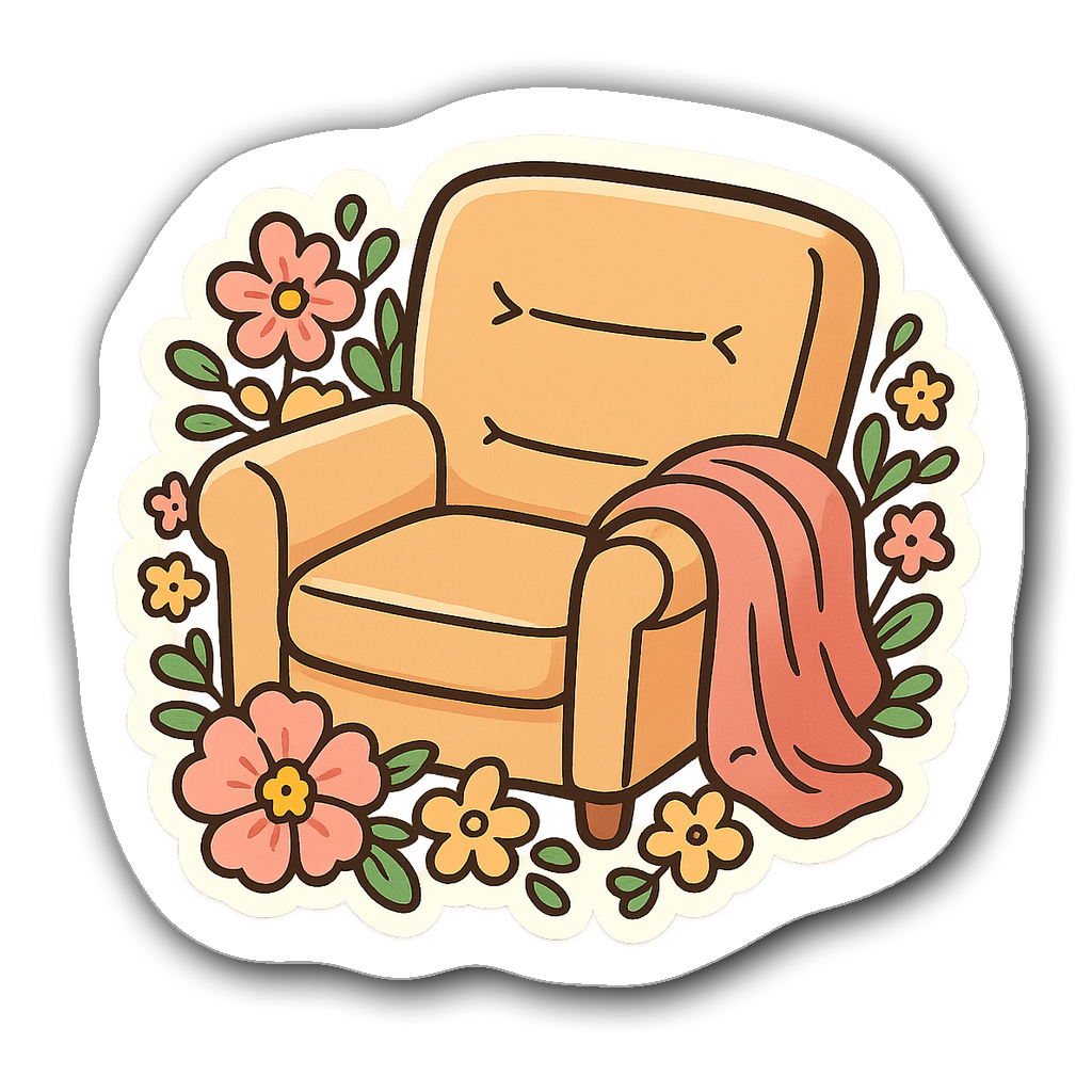Watercolor illustration of a cozy therapist armchair with flowers