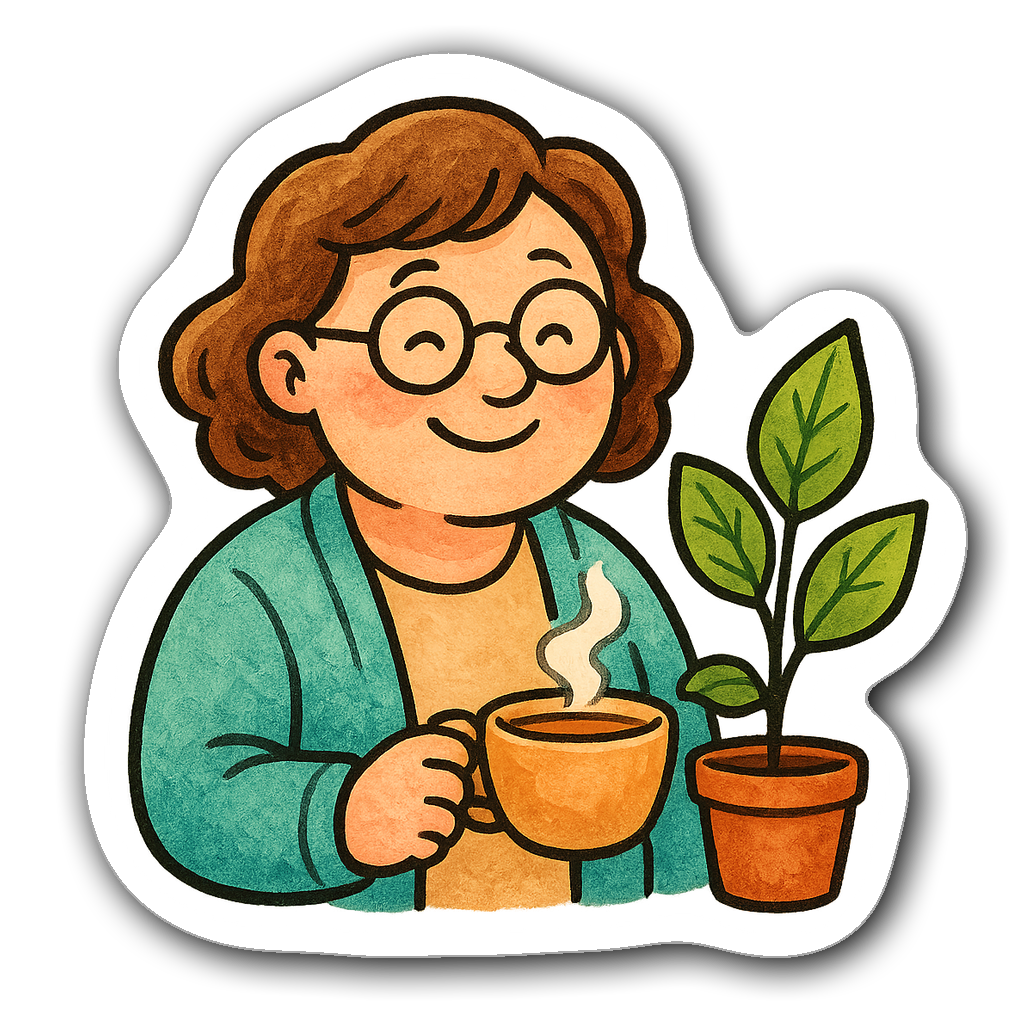 Watercolor sticker of a friendly therapist with glasses and tea