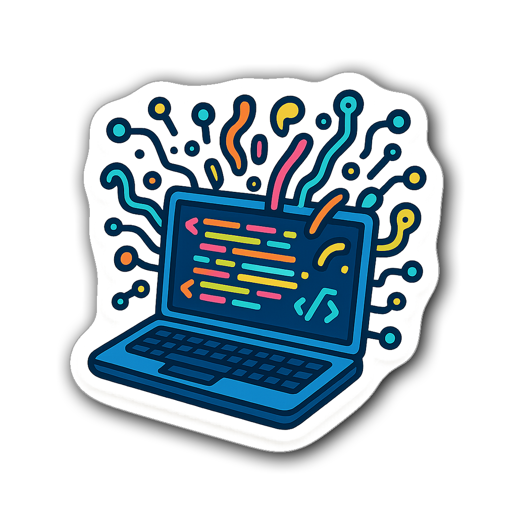 Vibrant sticker of a laptop with colorful code snippets