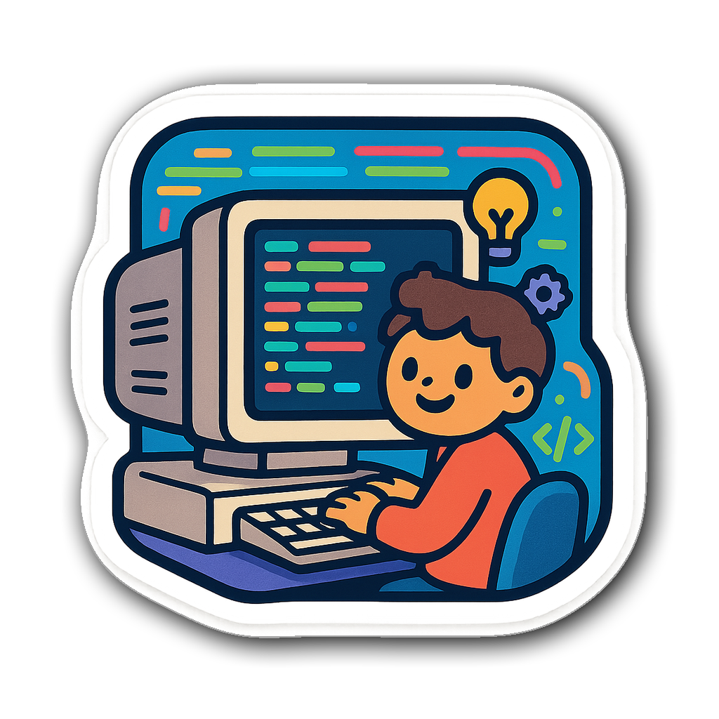 Cute animated character typing on retro computer monitor with code