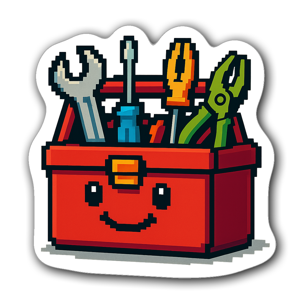 Pixel art mechanic toolbox with colorful tools and a smile
