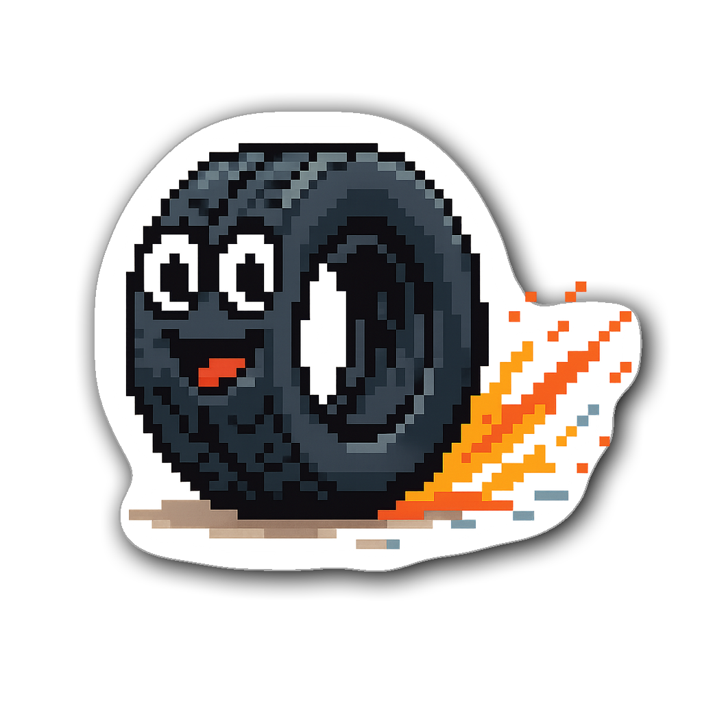 Pixel art mechanic tire sticker with happy eyes and sparks