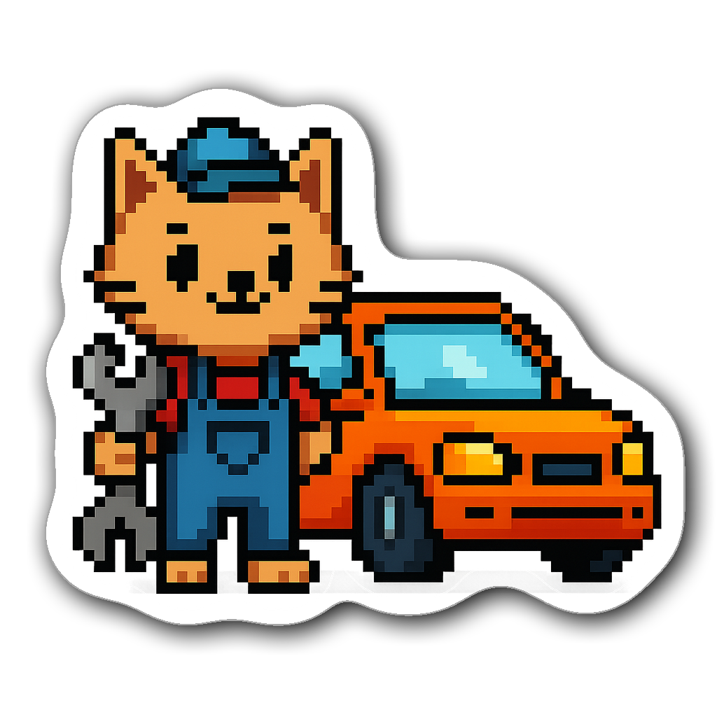 Pixel art sticker of a mechanic cat with a wrench next to a car