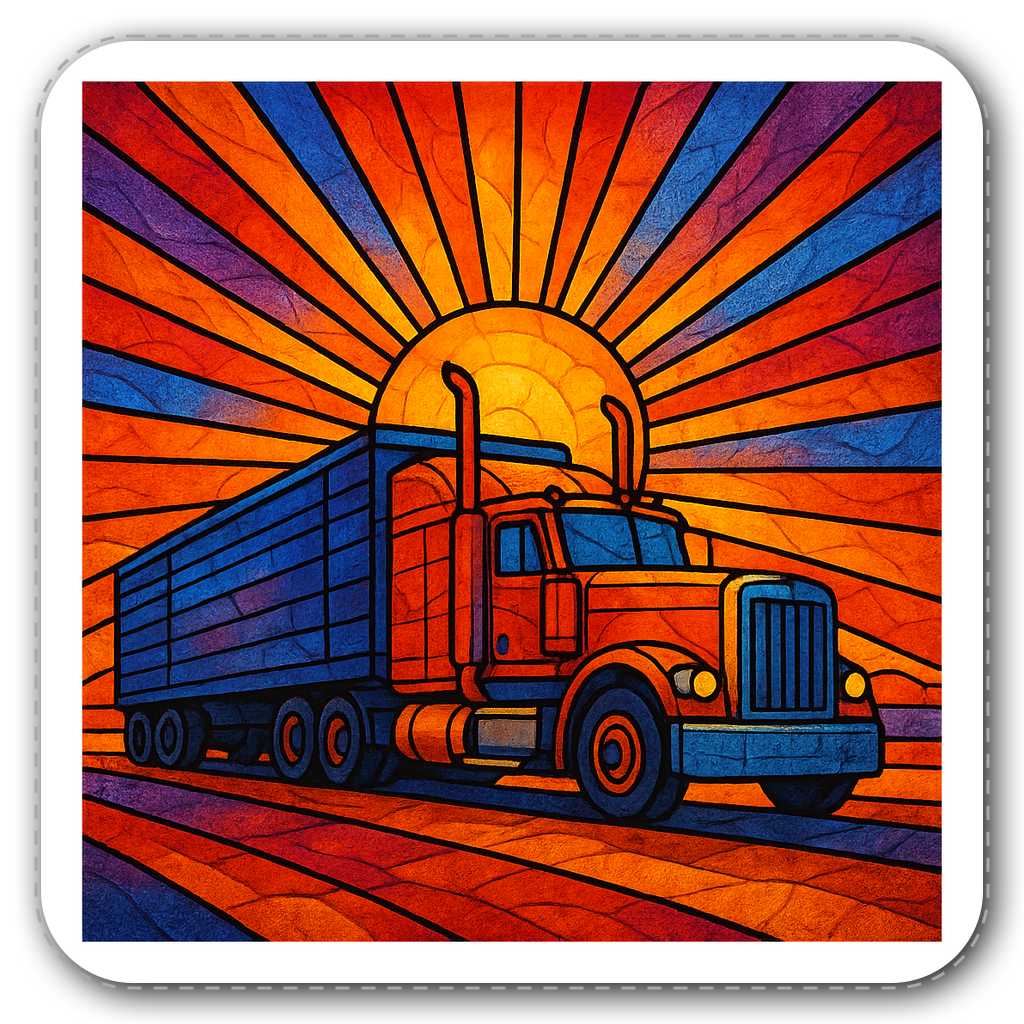 Stained glass style vinyl sticker of a semi-truck at sunset
