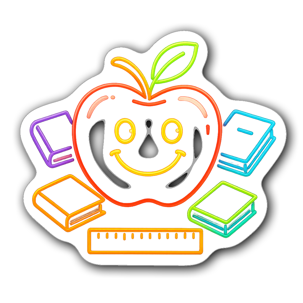 Neon glow apple sticker surrounded by colorful books and a ruler