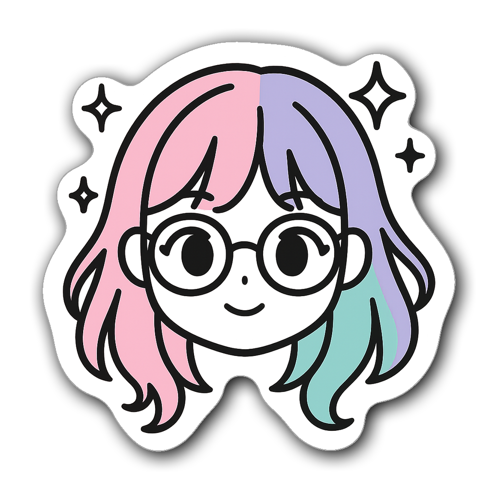 Minimalist anime girl with oversized glasses and pastel hair sticker