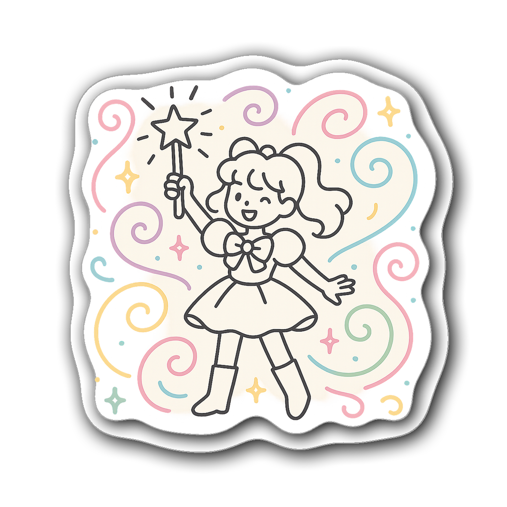Minimalist line art of a magical girl holding a wand with sparkles