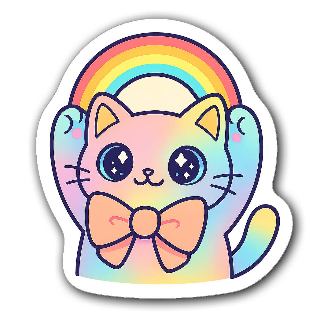 Pastel-colored kawaii cat sticker with bow and rainbow