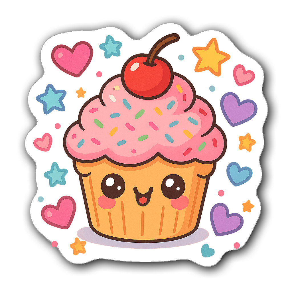 Cute cupcake sticker with sprinkles and colorful hearts