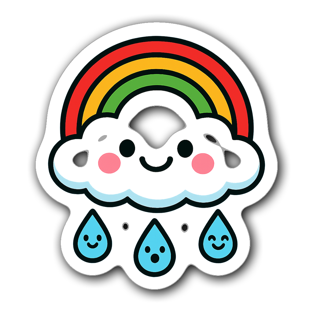 Kawaii sticker pack featuring a happy cloud with rainbow