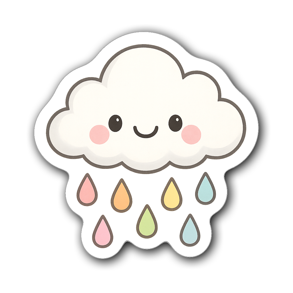 A smiling cartoon-style cloud with colorful raindrops, cute design