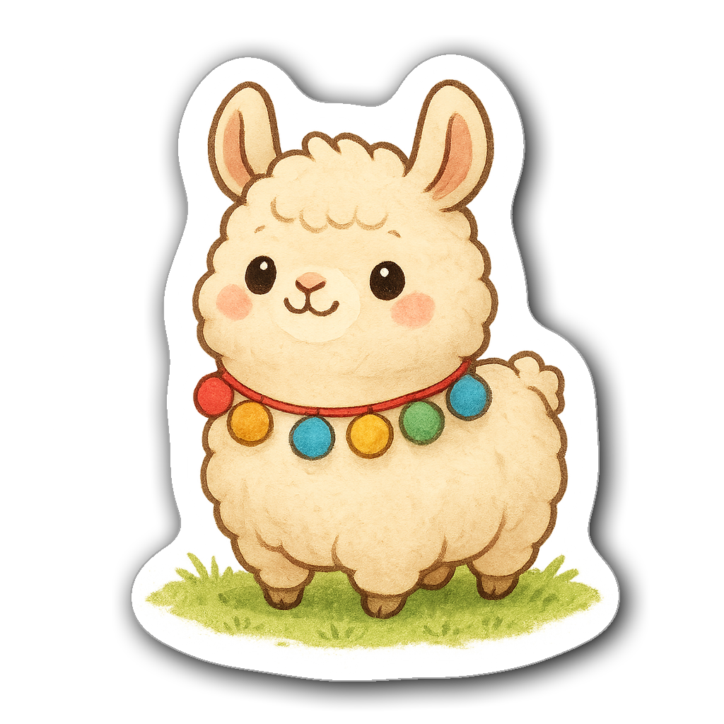 Chubby llama sticker with colorful tassels on a grassy patch