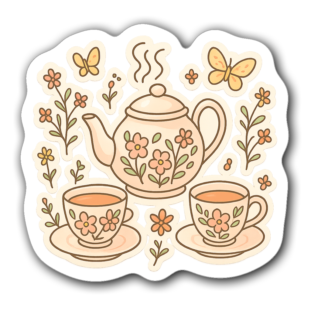 Die-cut sticker of a whimsical tea set with floral designs