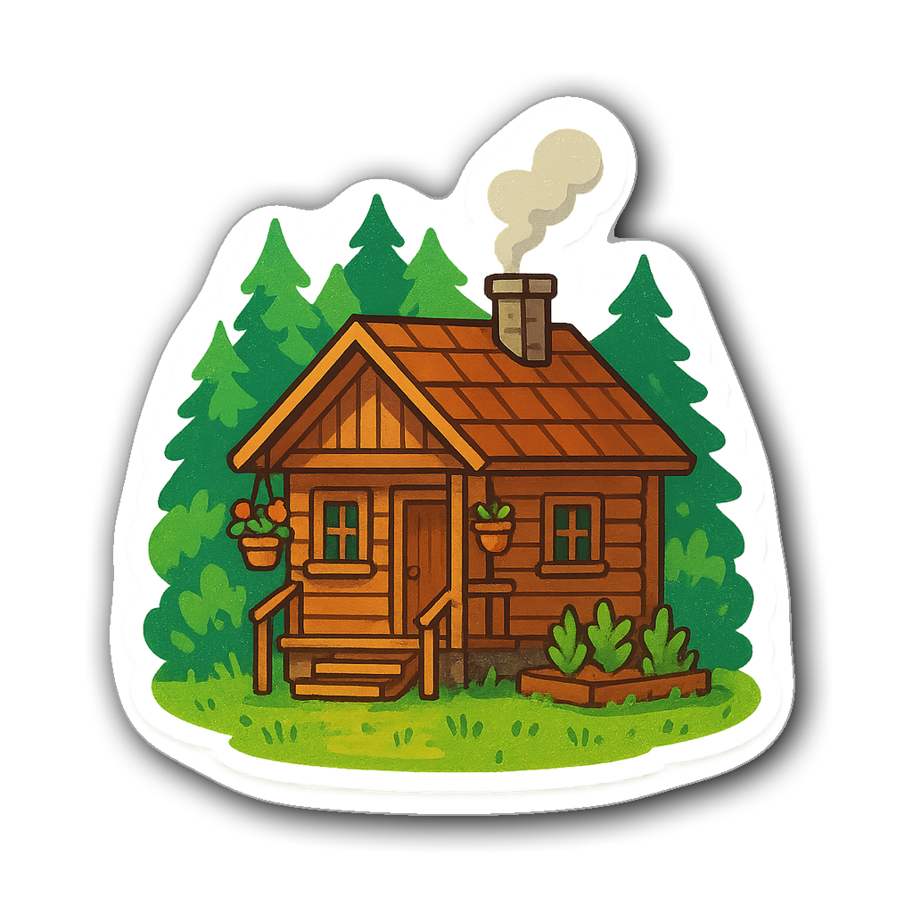 Cozy wooden cabin nestled in a lush forest with flowers