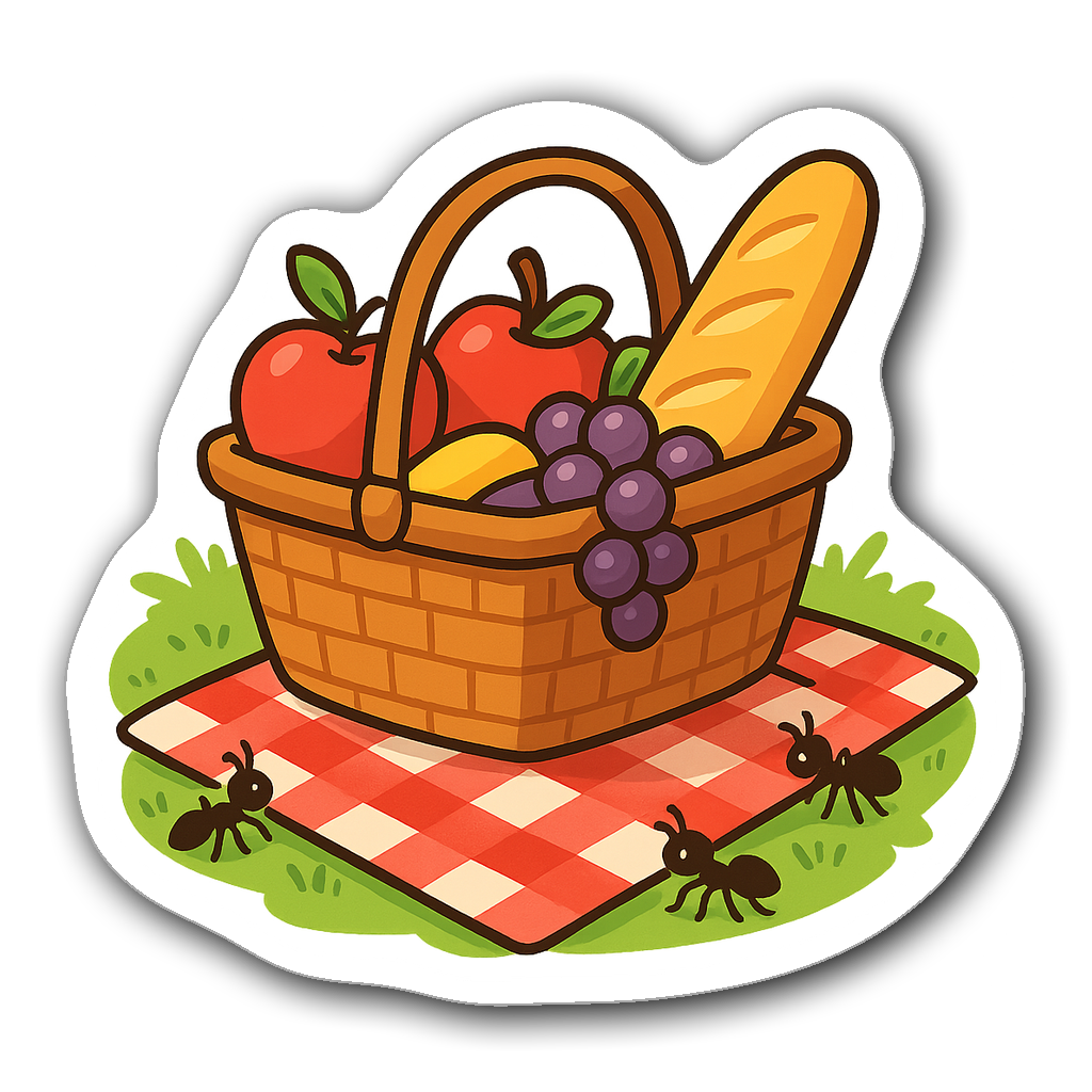 A charming picnic basket filled with fruits and a baguette on grass