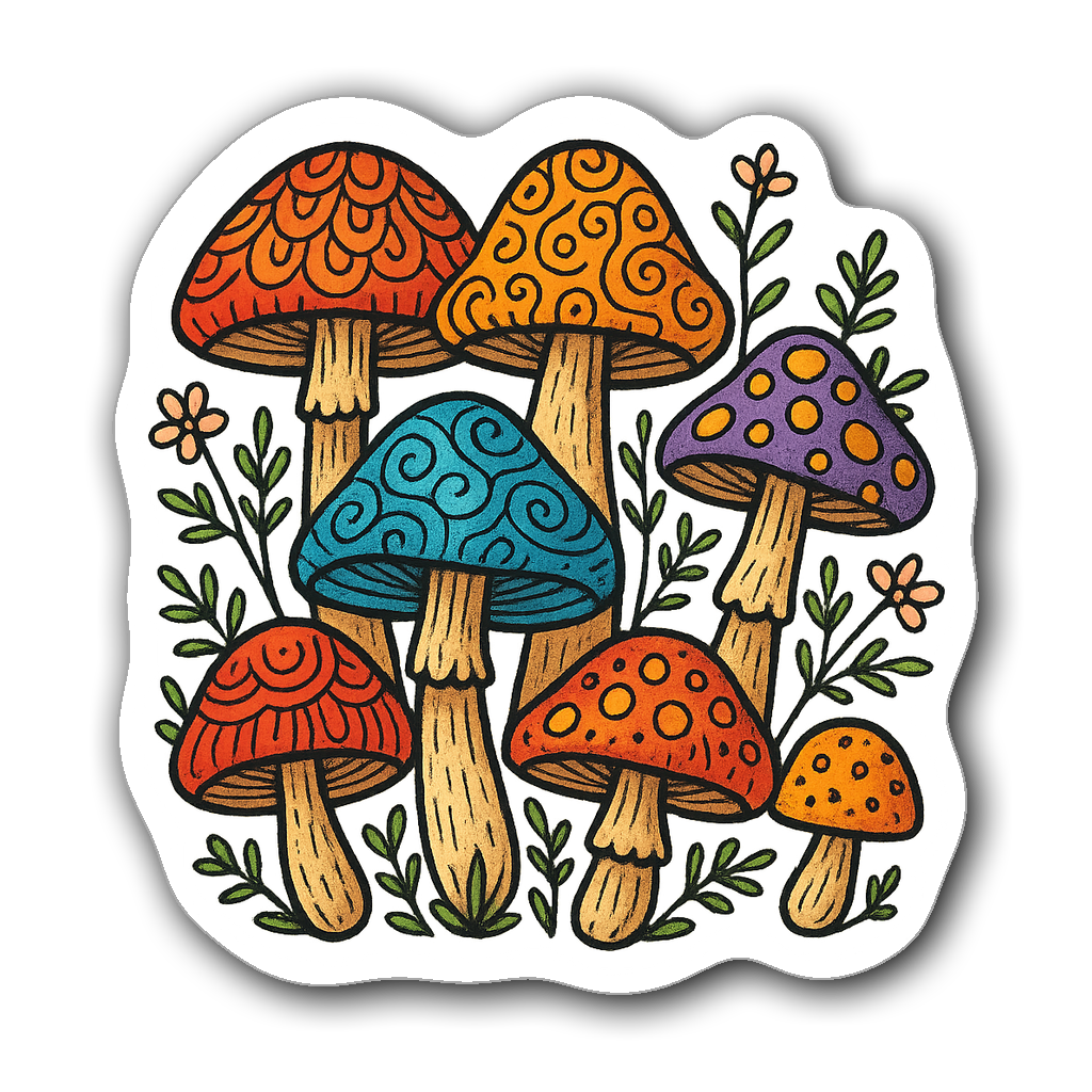 Beautifully drawn mushrooms with ferns and flowers sticker