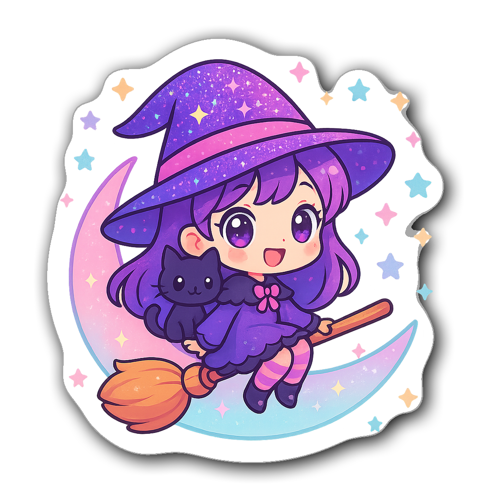 Kawaii chibi witch sticker flying on a pastel moon with stars