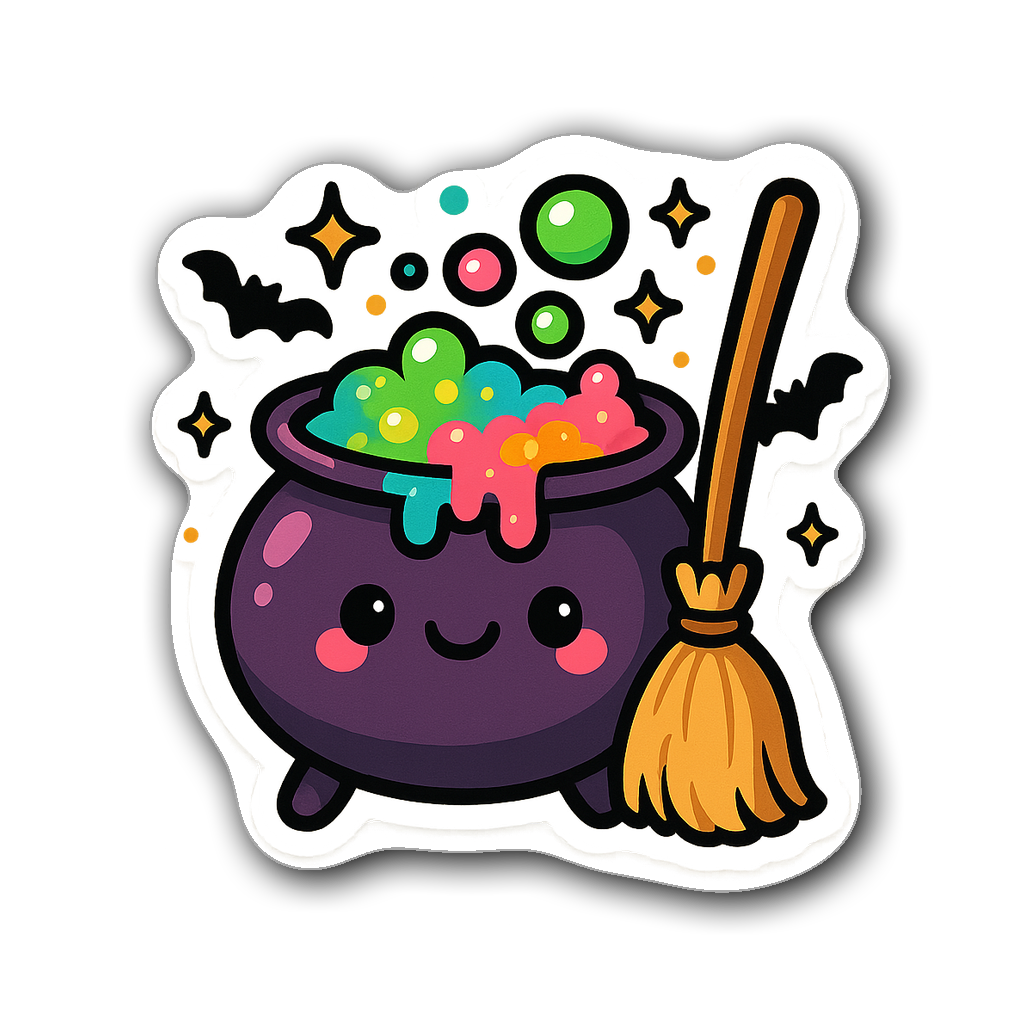 Kawaii chibi cauldron with potion and magical sparkles