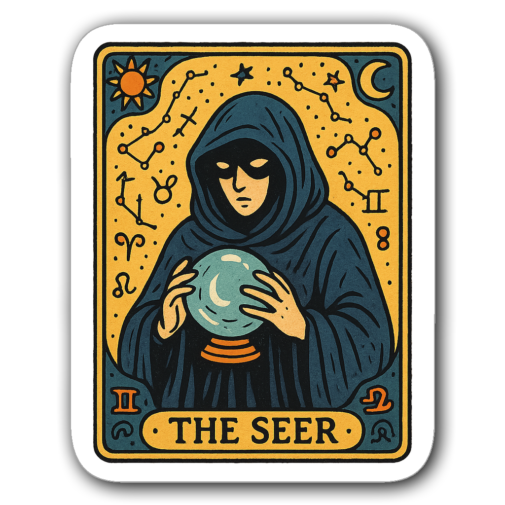 Illustrated tarot card with zodiac constellations and a figure