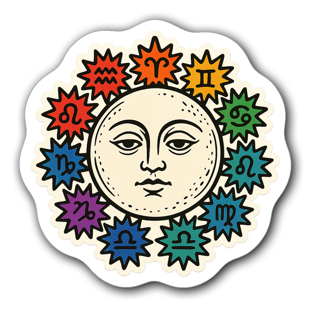 Die-cut sticker of a mystical moon and zodiac signs