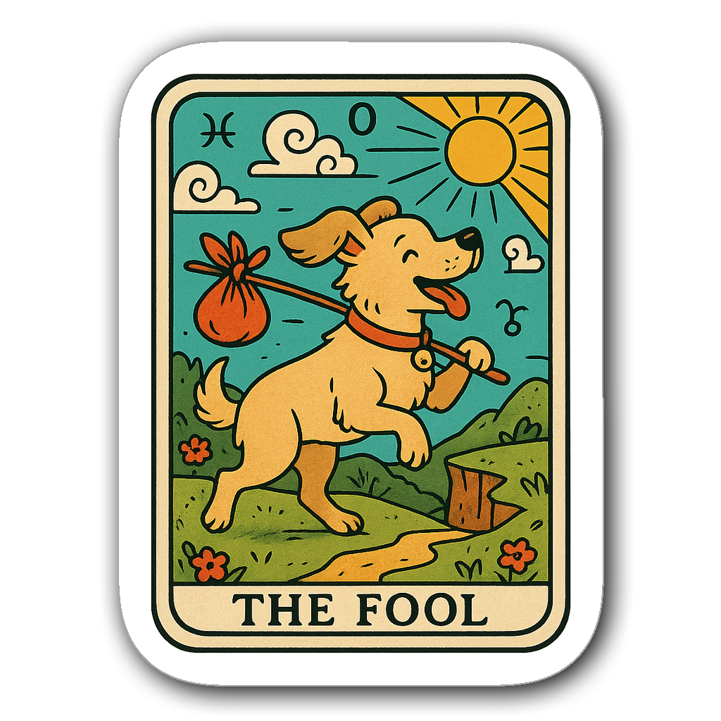 The Fool tarot card with playful dog and zodiac symbols