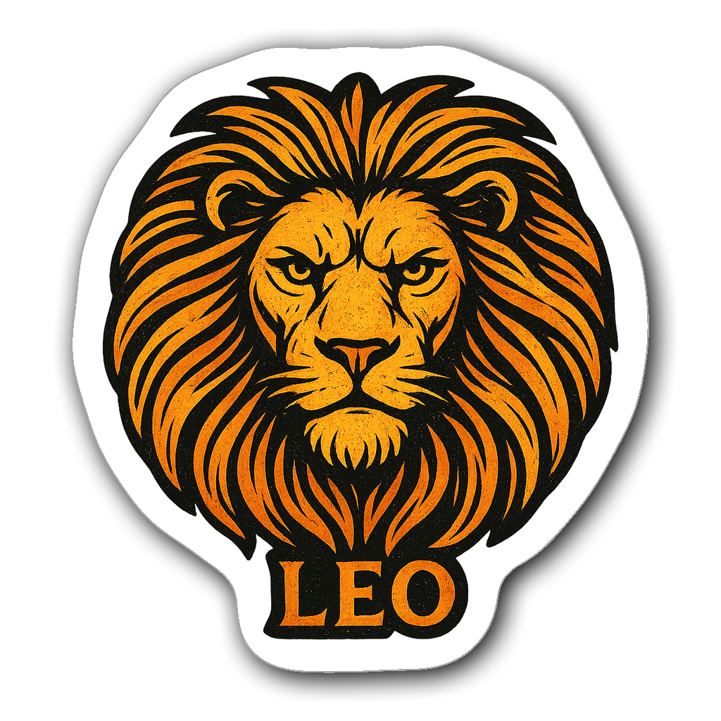 Vivid woodblock linocut design of Leo lion in gold and orange