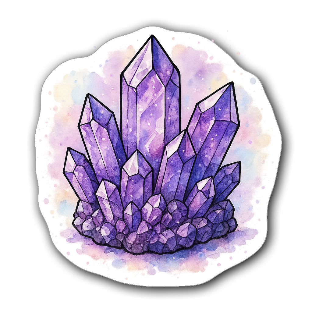 Amethyst crystal cluster watercolor sticker with iridescent colors
