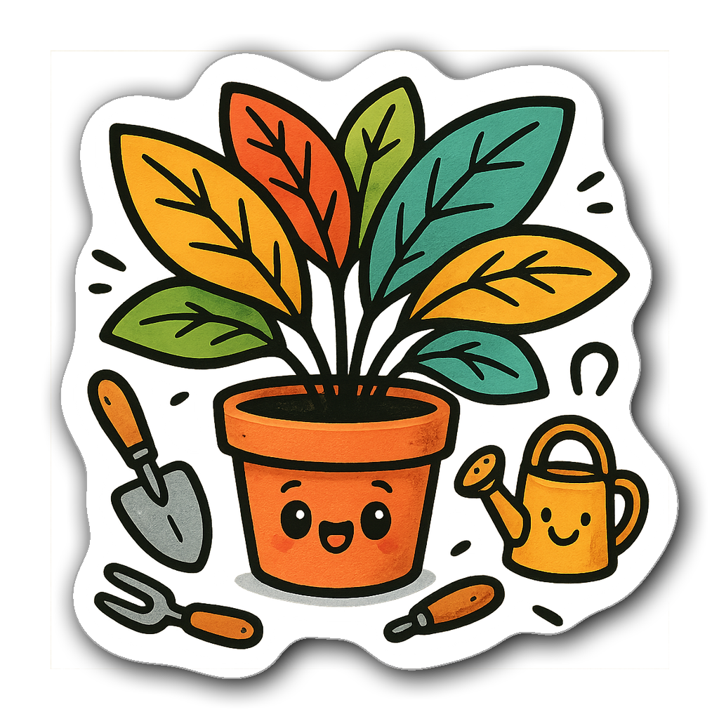 A quirky potted plant character with colorful leaves and gardening tools.