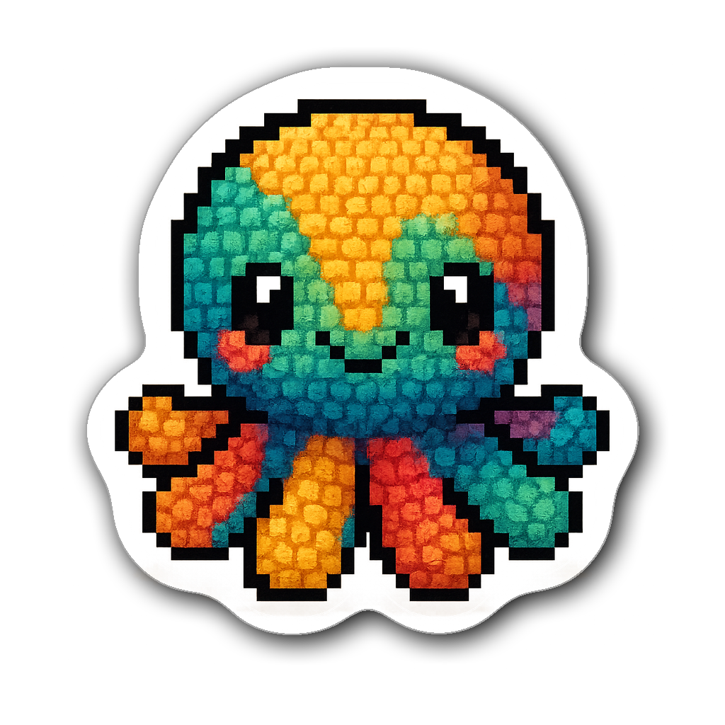Cute pixel art crochet octopus sticker with vibrant colors