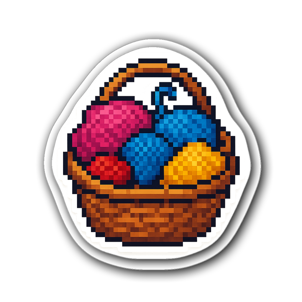 Pixel art sticker of a basket overflowing with multicolored yarn skeins