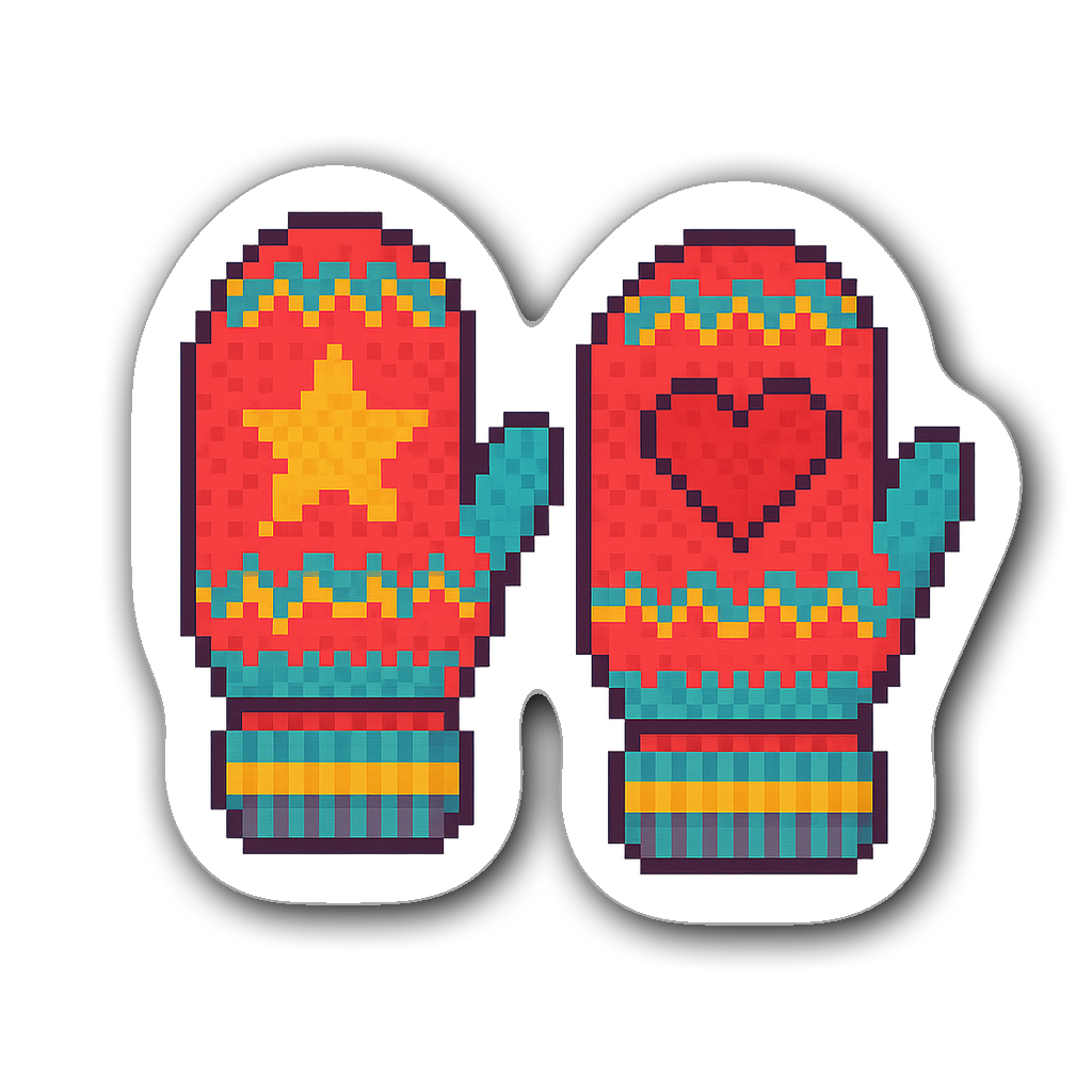 Colorful pixel art sticker of knitted mittens