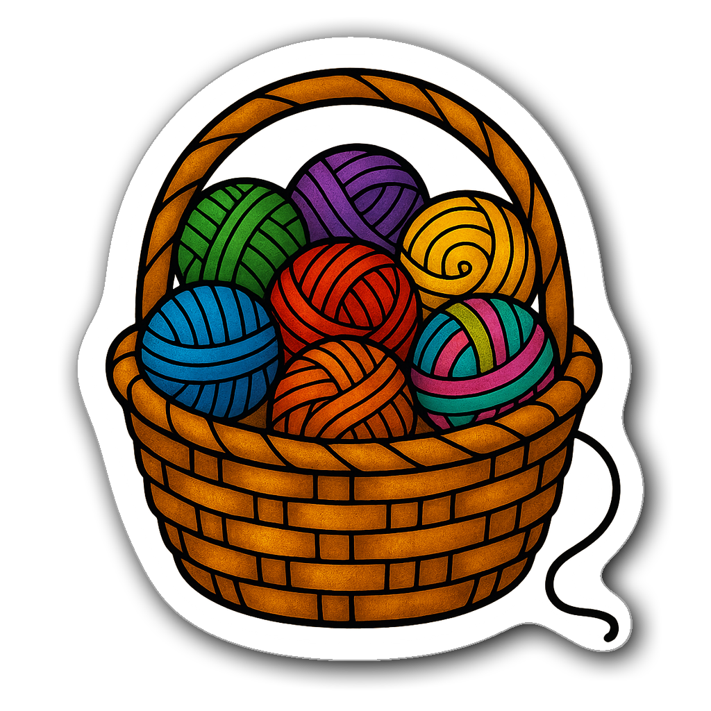 Stained glass sticker of a basket with colorful yarn skeins