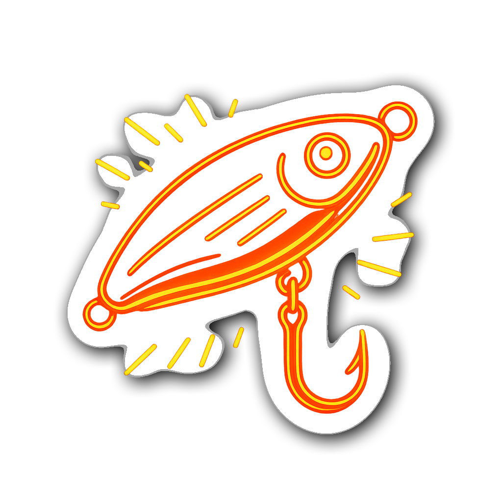 Neon fishing lure decal with glowing red, yellow, and orange details