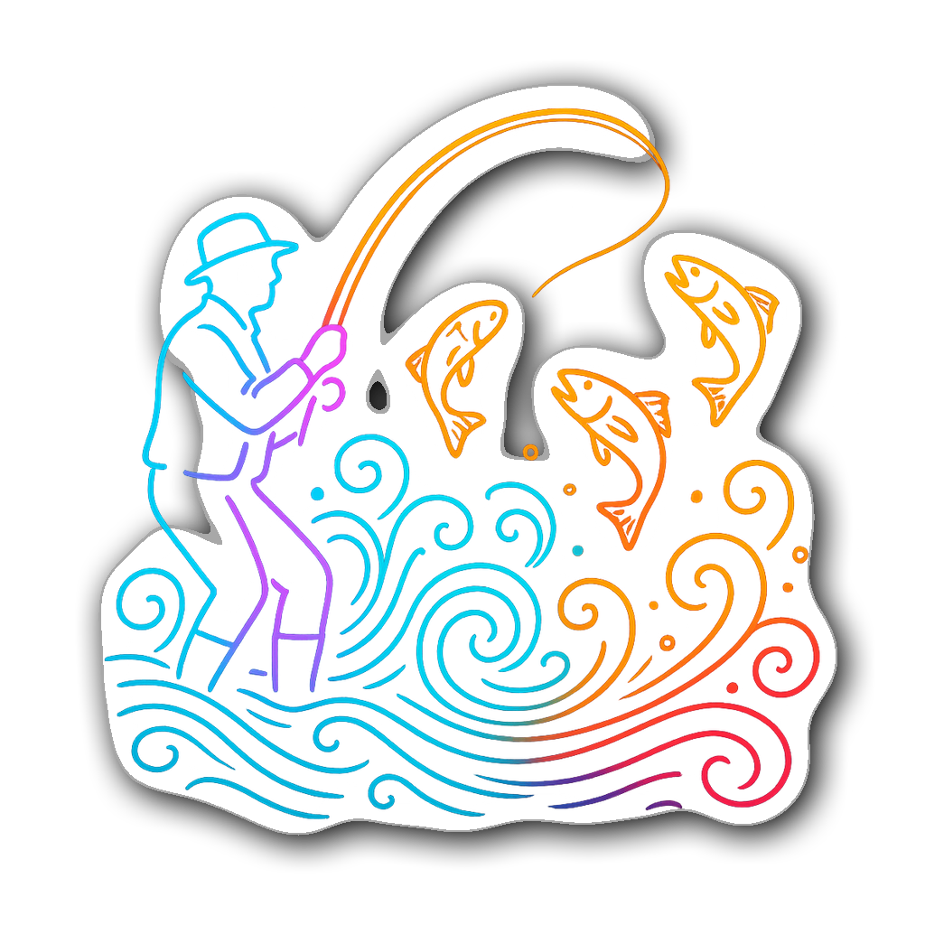 Neon glow silhouette of a fisherman casting his line with fish