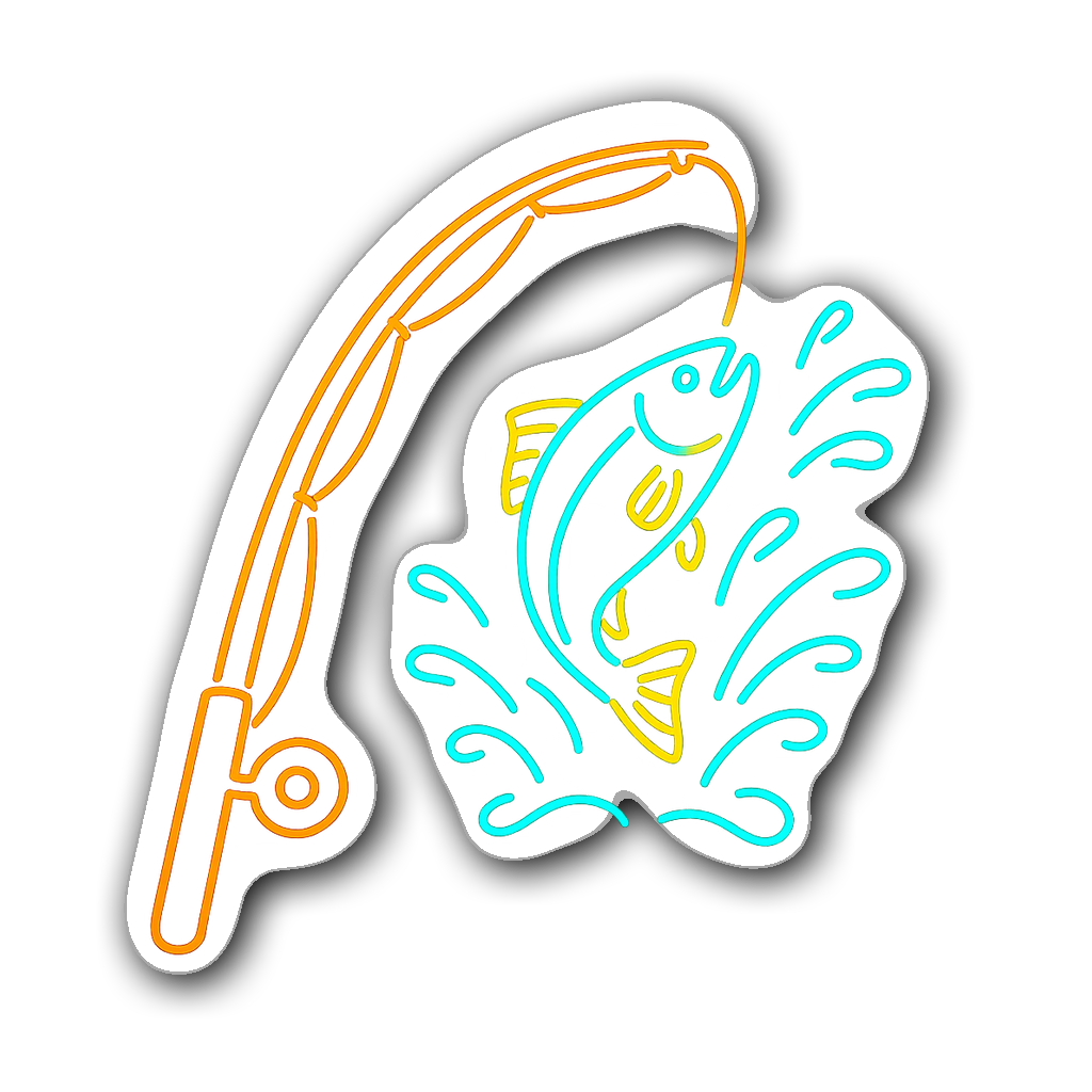 Neon outline decal of a fishing rod with a vibrant fish