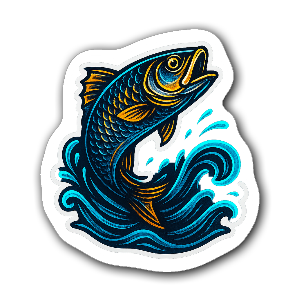 Abstract neon glow fish sticker jumping out of water