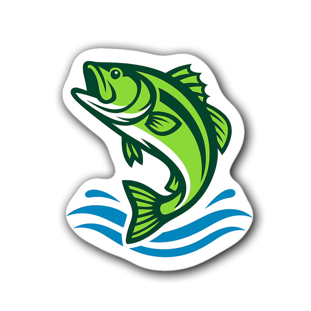 Minimalist bass fish leaping against water ripples in blue and green
