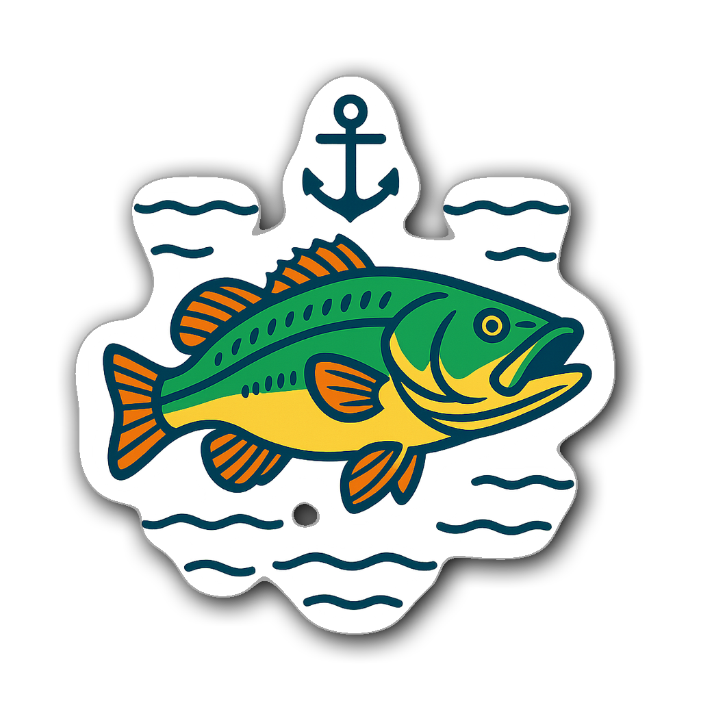 Minimalist bass fish sticker with water ripples and anchor