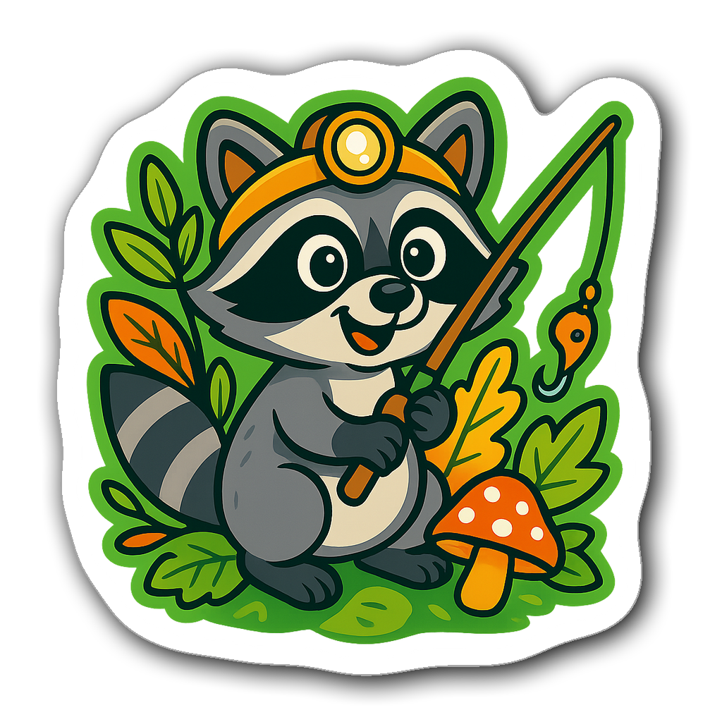 Cartoon raccoon wearing a headlamp and fishing rod with leaves
