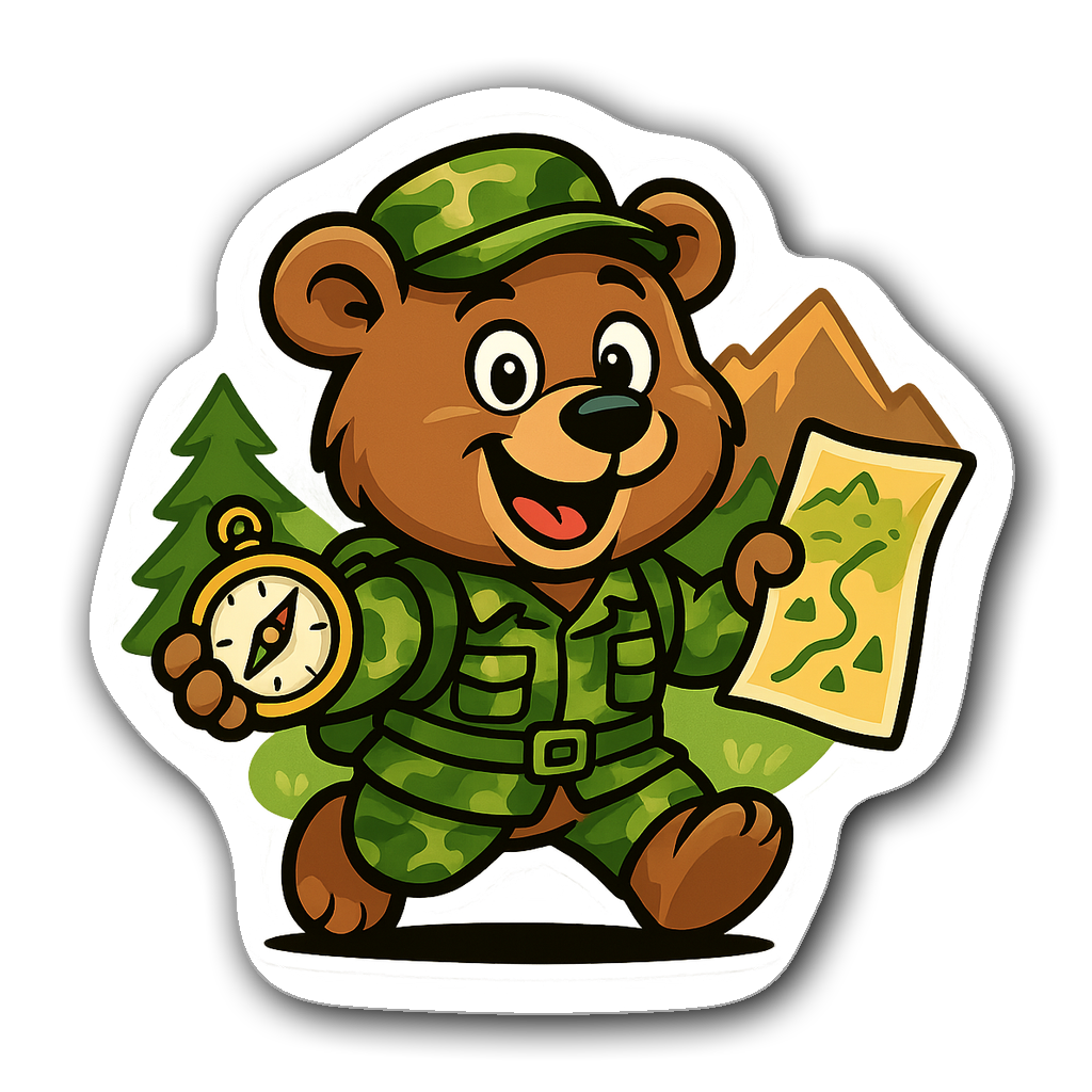 Cartoon bear in camouflage with compass and map, outdoors