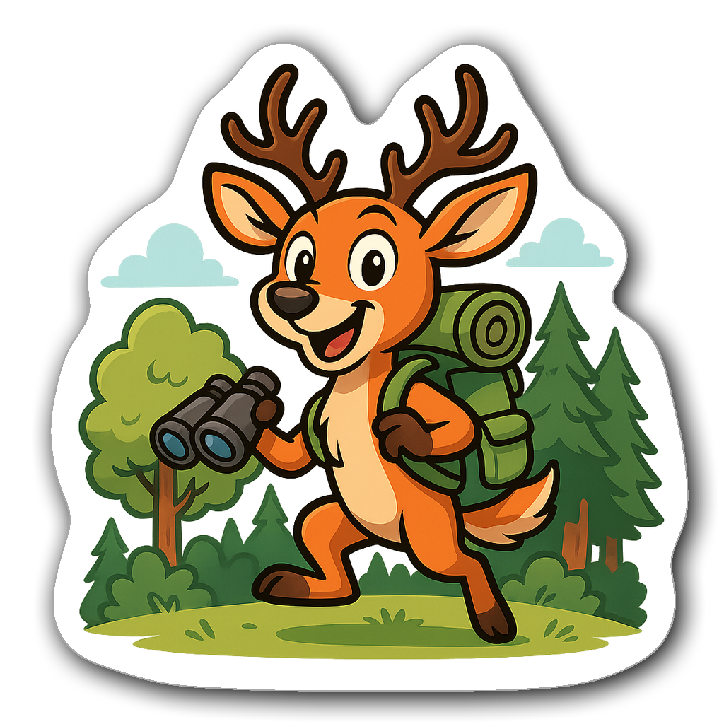 Cartoon-style deer with binoculars and a backpack in a forest setting