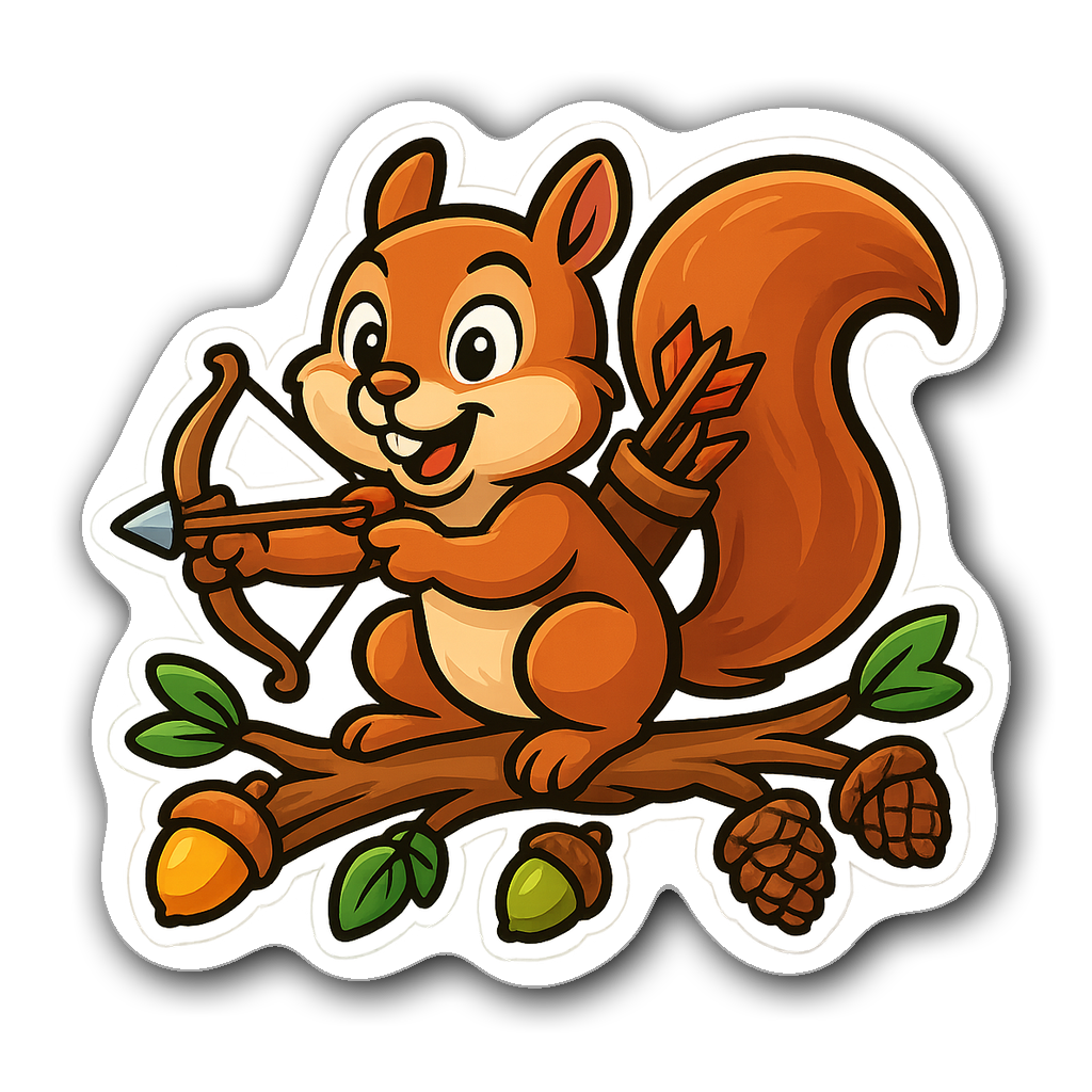 Cartoon-style squirrel with a crossbow on a tree branch