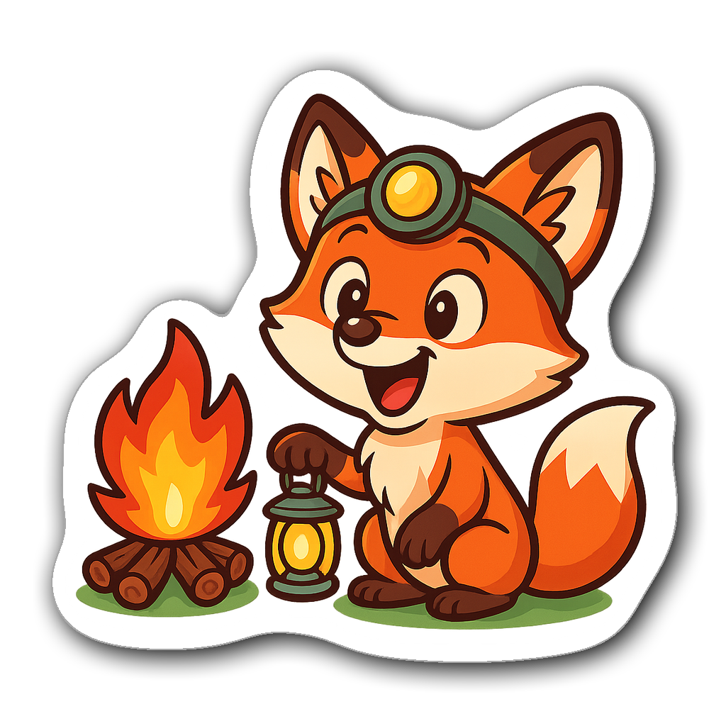Cartoon fox with a headlamp next to a campfire sticker