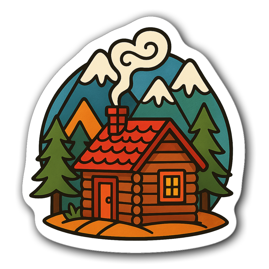 A cozy cabin surrounded by mountains in a fun camping sticker.