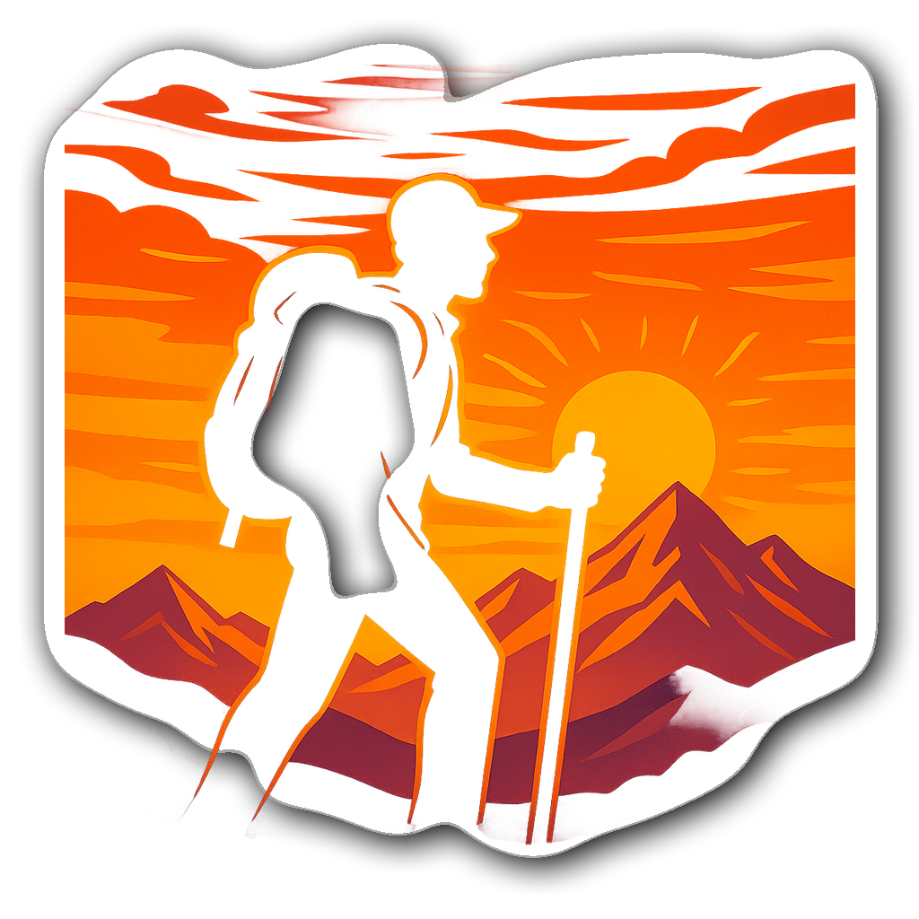 Stylized hiker silhouette against a vibrant sunset