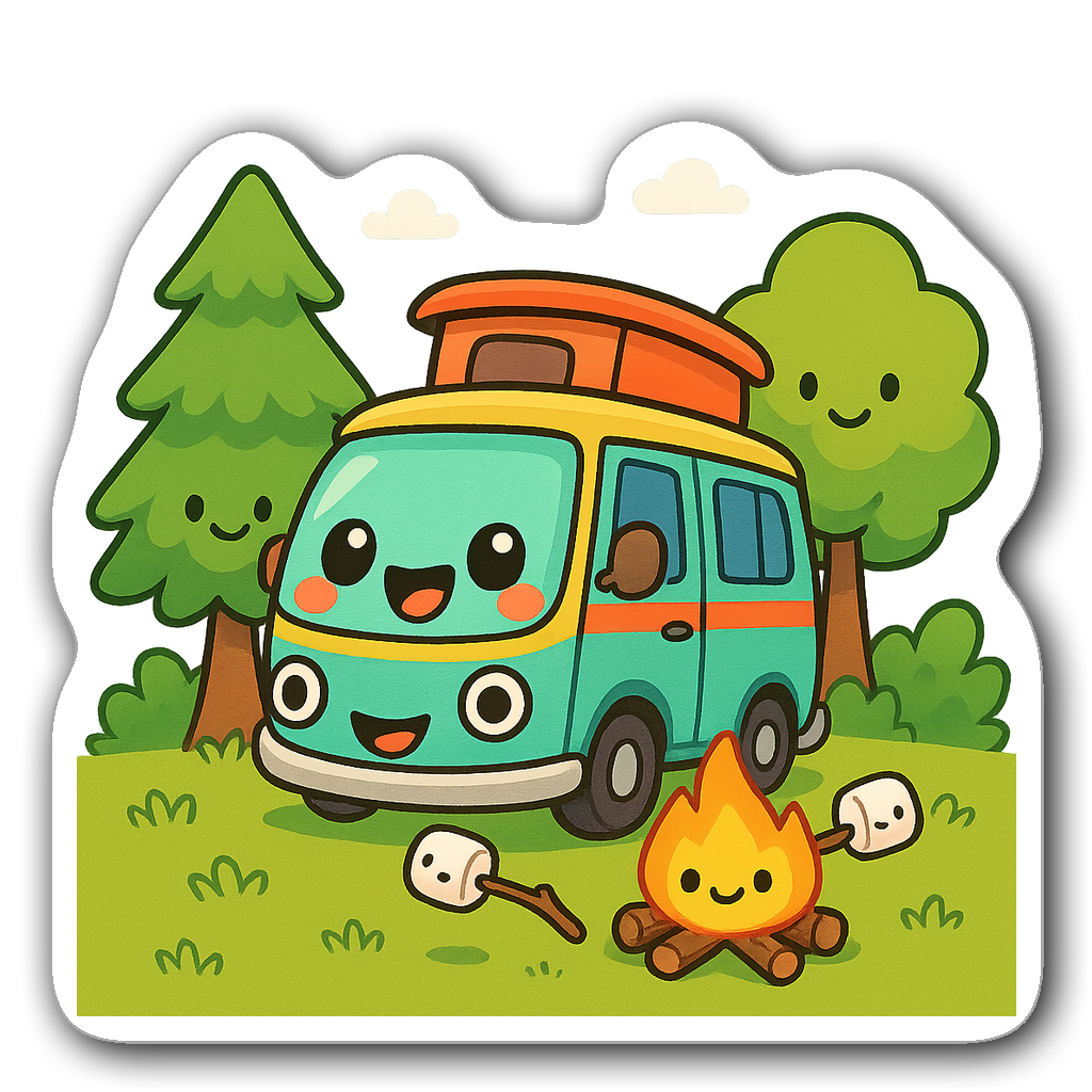 Kawaii chibi camper van surrounded by cartoon trees and a campfire