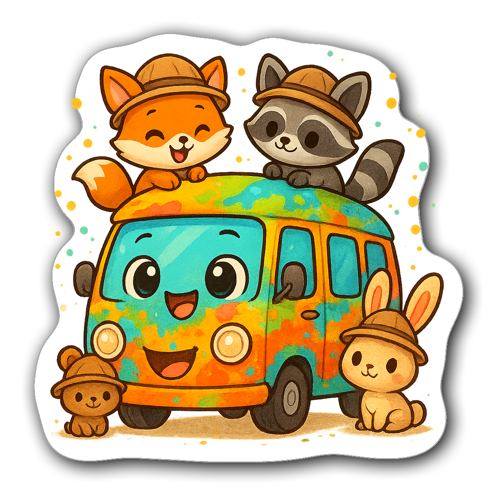 A joyful chibi-style van with cute animals ready for adventure