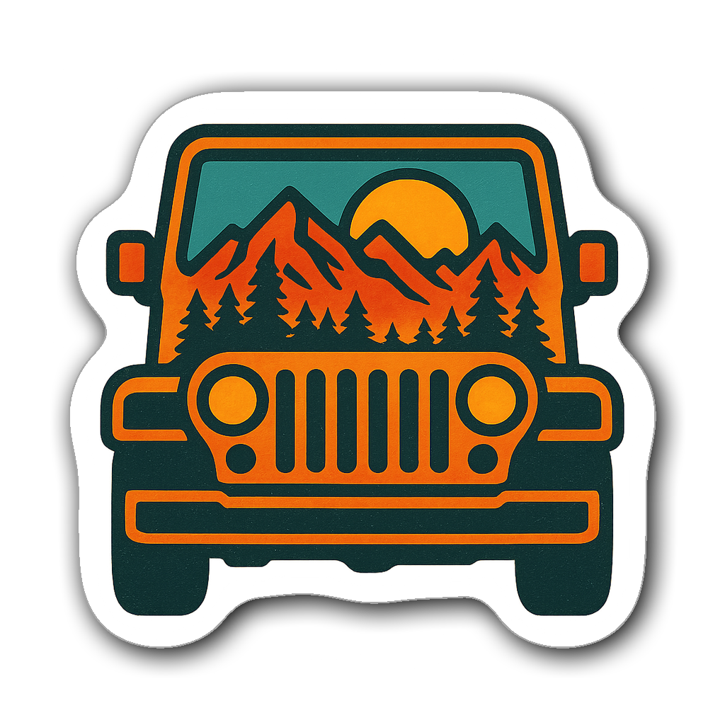 Retro-style Jeep silhouette with mountain scene and sun