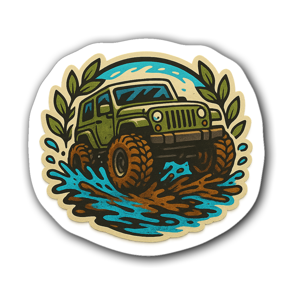 Vintage Jeep off-road sticker with muddy puddles and leaves